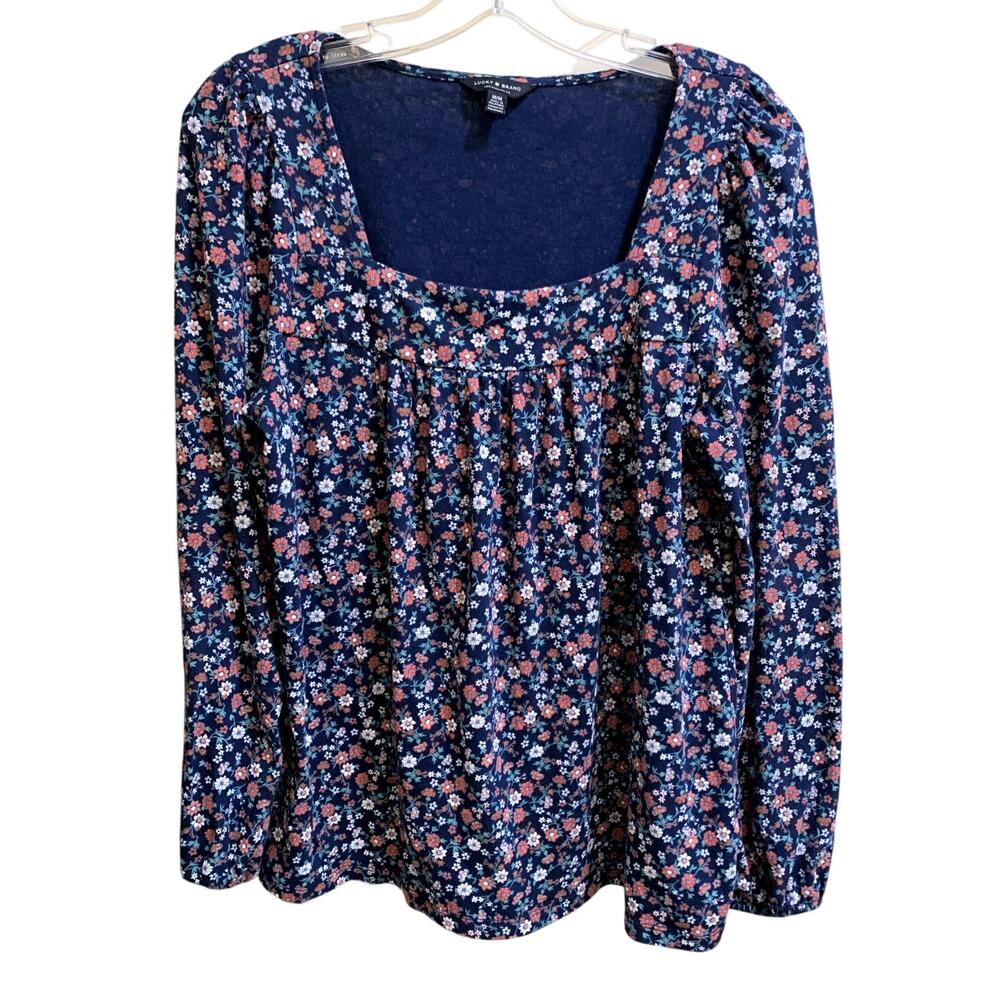 Lucky Brand Shirt Women Size Medium  Floral Blue OrangeLong Sleeve Swing